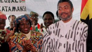 FILE - Nana Konadu Agyeman-Rawlings (L), then first lady of the Republic of Ghana and her husband, then president of Ghana Jerry John Rawlings, are seen during a visit to Denver, Colorado, in an April 24, 1999, photo.