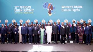 Heads of state and government pose during a photo call before the official opening of the 27th African Union (AU) Summit in Kigali on July 17, 2016.