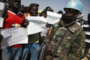 Displaced people demonstrate at a U.N. protection site in Malakal, South Sudan, February 26. Recent violence in the capital of Juba have again called into question whether South Sudan can build itself into a state without foreign intervention. ALBERT GONZALEZ FARRAN/AFP/GETTY IMAGES