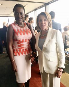 Nancy Pelosi, Minority Leader of the US House of Representatives and former Speaker of Congress with Angelle Kwemo at the Democratic Party Convention