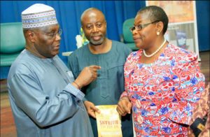 Former Vice President, Atiku Abubakar; Author, Chido Onumah and former Education Minister, Dr. Oby Ezekwesili, at the launch of Onumah’s book, “We Are All Biafrans, in Abuja, on Tuesday, May 31, 2016.
