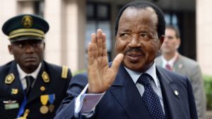 FILE - Cameroon's President Paul Biya waves as he arrives at an EU-Africa summit on April 3, 2014, at EU Headquarters in Brussels.