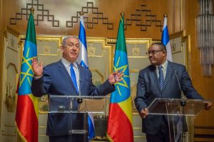 Israeli Prime Minister Benjamin Netanyahu, left, and Ethiopian Prime Minister Hailemariam Dessalegn speak during a joint press conference in Addis Ababa, Ethiopia, Thursday, July 7, 2016. Netanyahu is on one day state visit to Ethiopia. (AP Photo/Mulugeta Ayene)
