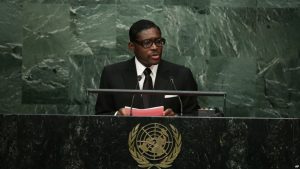FILE - Teodoro Nguema Obiang Mangue, vice-president of Equatorial Guinea, speaks during the 70th session of the United Nations General Assembly at U.N. headquarters, Sept. 30, 2015.