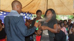 Pastor Lethebo Rabalago has posted photos on Facebook of him spraying insecticide into his congregants' faces.