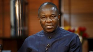 Oil Minister Emmanuel Ibe Kachikwu, shown during an interview February 12, 2016, says Nigeria's oil output has risen to 2.1million barrels a day.