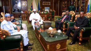 Gambian President Yahya Jammeh meets with with the West Africa head of delegation during the election crisis mediation at the presidential palace Banjul, Gambia, Dec. 13, 2016