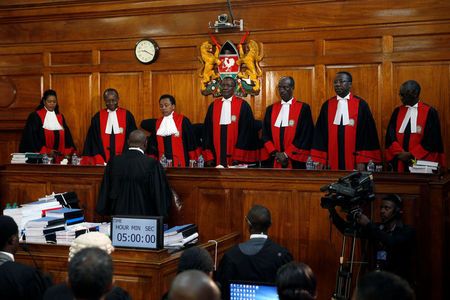 Kenyan Supreme Court judges arrive for a hearing of a petition challenging the election result filed by the National Super Alliance (NASA) coalition and Human Rights groups at the Supreme Court in Nairobi, Kenya August 28, 2017. REUTERS/Baz Ratner