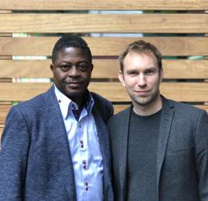 What3words CEO and co-founder Chris Sheldrick with Barrister Bisi Adegbuyi, Nigeria’s Postmaster General