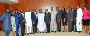 The Minister of Information and Culture, Alhaji Lai Mohammed, and the Governor of the Central Bank of Nigeria, Mr. Godwin Emefiele, in a group photograph with stakeholders in the Creative Industry, during a visit to the CBN Governor in Abuja on Tuesday.