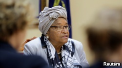 Liberia's President Ellen Johnson Sirleaf attends a news conference at the Presidential Palace in Monrovia, Liberia, Oct. 12, 2017.
