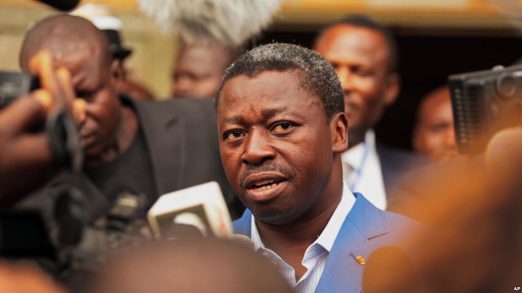 FILE - Togo's Faure Gnassingbe speaks to media in Lome, Togo, April 25, 2015.