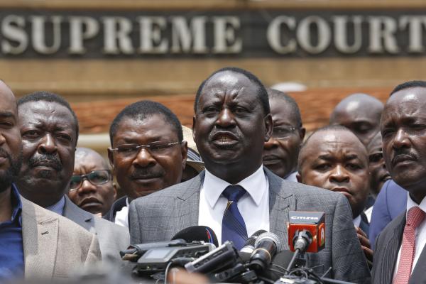 Opposition leader Raila Odinga (C) made his first public remarks since Kenya's elections commission declared that President Uhuru Kenyatta won re-election. File Photo by Dai Kurokawa/EPA-EFE