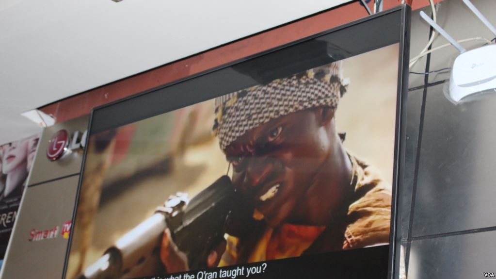 A scene from the film 'Watu wote' being displayed at the Junction in Nairobi where, the movie premiered Tuesday Night, Jan. 23, 2108. (R. Ombuor/VOA)