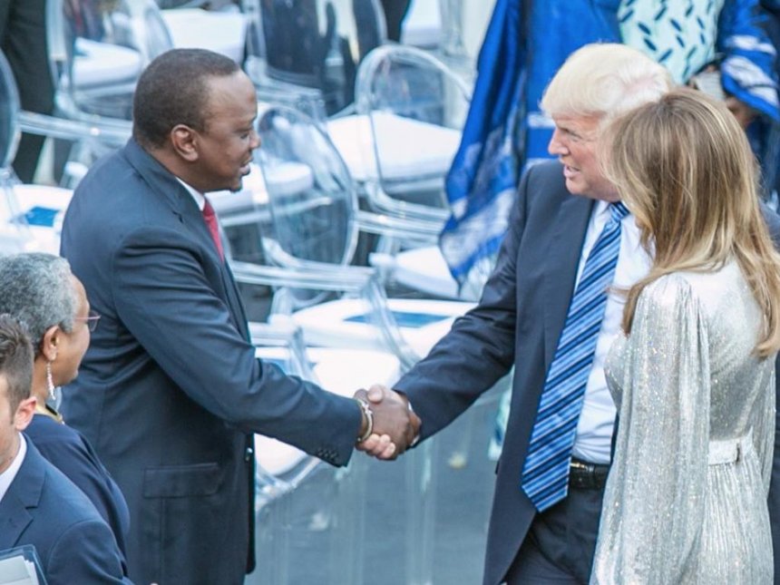 President Uhuru Kenyatta shakes hands with US President Donald Trump before a performance by the La Scala Philharmonic Orchestra in the ancient Greek theatre as part of the G7 Summit in Taormina, Sicily, Italy, May 26, 2017. /COURTESY