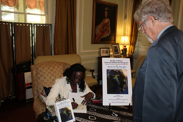 Amb Sanders at a book signing, much of her advocacy work is still centered around Africa