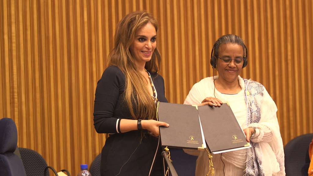 Dr. Rasha Kelej, CEO Merck Foundation with H.E. Madam Roman Tesfaye, the First Lady of the Federal Democratic Republic of Ethiopia and the Chairperson of African First Ladies Organization during the MoU signing event at The African Union Assembly, Ethiopia
