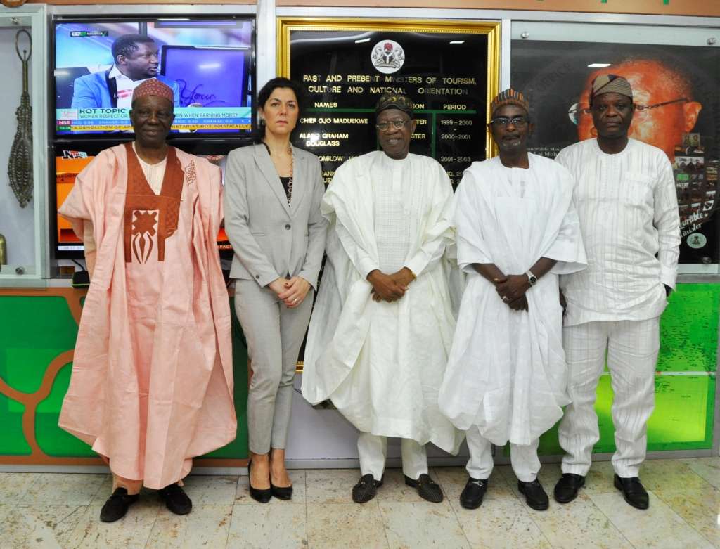 From left: Former Director General of the Nigerian Television Authority, Dr. Tonnie Iredia; the Executive Director, International Press Institute (IPI), Ms. Barbara Trionfi; Minister of Information and Culture, Alhaji Lai Mohammed; Chairman IPI Nigeria, Mallam Kabiru Yusuf and the Secretary IPI Nigeria, Mr. Raheem Adedoyin, during a courtesy visit to the Minister in Abuja on Thursday