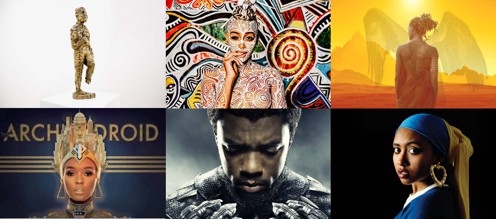 Clockwise from top left: Sanford Bigger’s “Bam”; a bodypainting work by Laolu Senbanjo; the cover of Nnedi Okorafor’s Who Fears Death; Janelle Monae’s album The ArchAndroid; poster from Black Panther; Awol Erizku’s “Girl With A Bamboo Earring”.