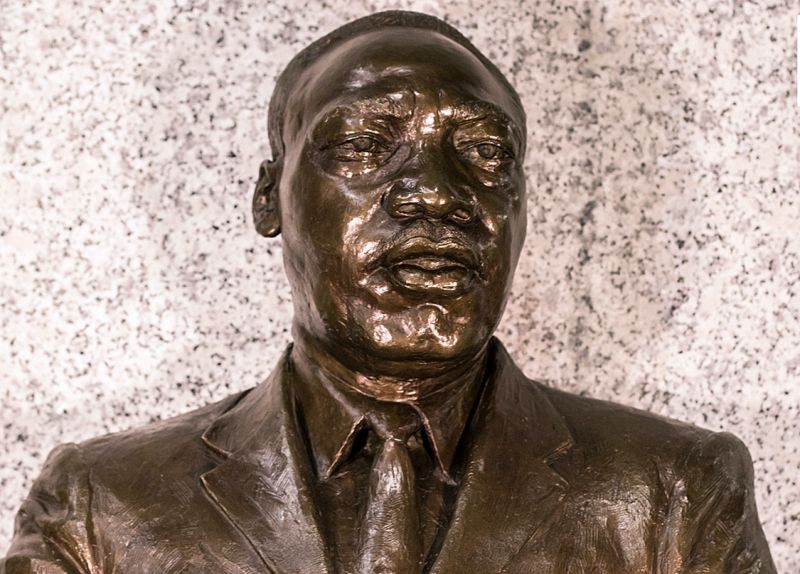 In this undated photo supplied by the U.S. Embassy in Pretoria, a bust of Martin Luther King Jr. on display at the embassy in Pretoria South Africa. The name of the Rev. Martin Luther King Jr. can be found across Africa on streets, schools, even a bridge in Burkina Faso. It is a measure of the influence of the American civil rights leader who was shot dead 50 years ago after speaking out against injustices at home and abroad. (Chris Marais/US Embassy South Africa via AP)