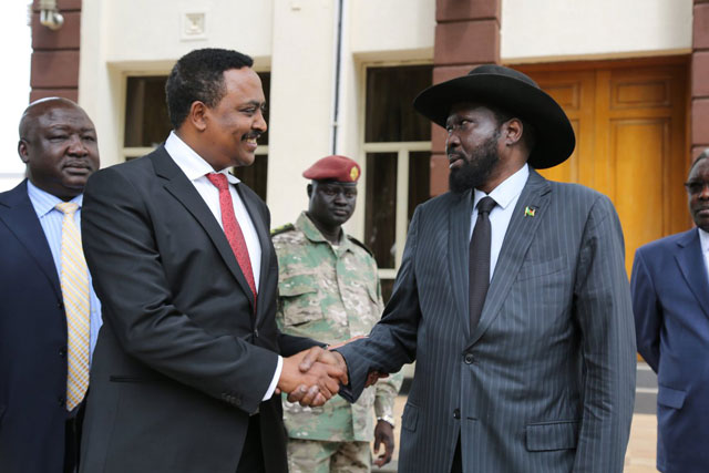 Workneh Gebeyehu, Minister for Foreign Affairs of Ethiopia and Chairperson of the IGAD Council meets Kiir in Juba. Uganda’s Oryem is left. PHOTOS @mfaethiopia