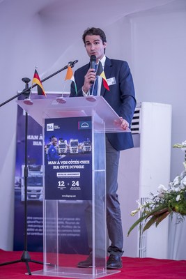 MAN Launch in Ivory Coast: Opening speech from Romain BIA, Managing Director BIA Ivory Coast (PRNewsfoto/BIA Group and MAN Truck & Bus AG)