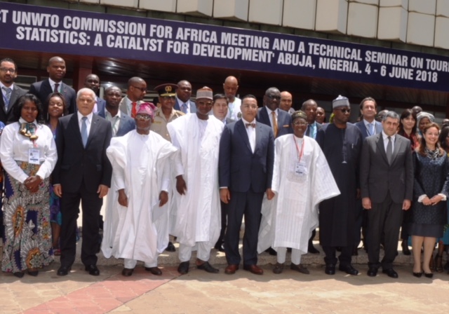 Minister of Information and Culture, Alhaji Lai Mohammed (fourth from right); Representative of Mr. President and Secretary to the Government of the Federation, Mr. Boss Mustapha (third on the right); Secretary-General of the UN World Tourism  (UNWTO), Mr. Zurab Pololikashvili (second right), Chairman Commission for Africa of the UNWTO, Mr. Najib Balala (fifth left) and other delegates at the Opening Ceremony of the 61st Meeting of the UNWTO Commission for Africa at the Transcorp Hotel, Abuja, on Monday