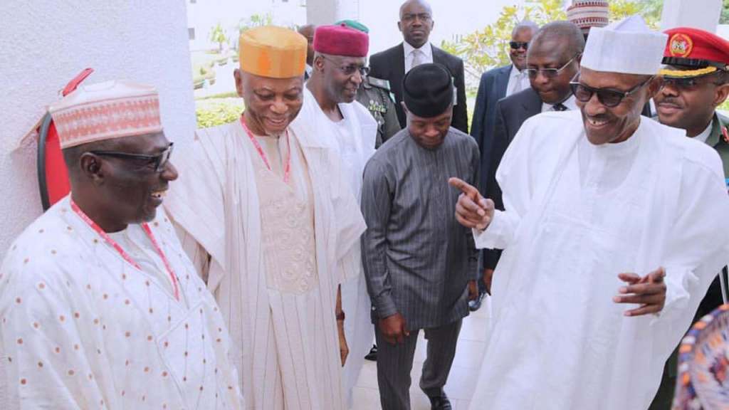 File picture:President Muhammadu Buhari welcoming Peoples Democratic Party (PDP) Caretaker Committee Chairman, Senator Ahmed Maikarfi, All Progressives Congress (APC) National Chairman, Chief John Odigie-Oyegun, Vice President Yemi Osinbajo and Chief of Staff to the President, Alhaji Abba Kyari, to a joint courtesy and unity visit to the President at the State House, Abuja… yesterday PHOTO: PHILIP OJISUA