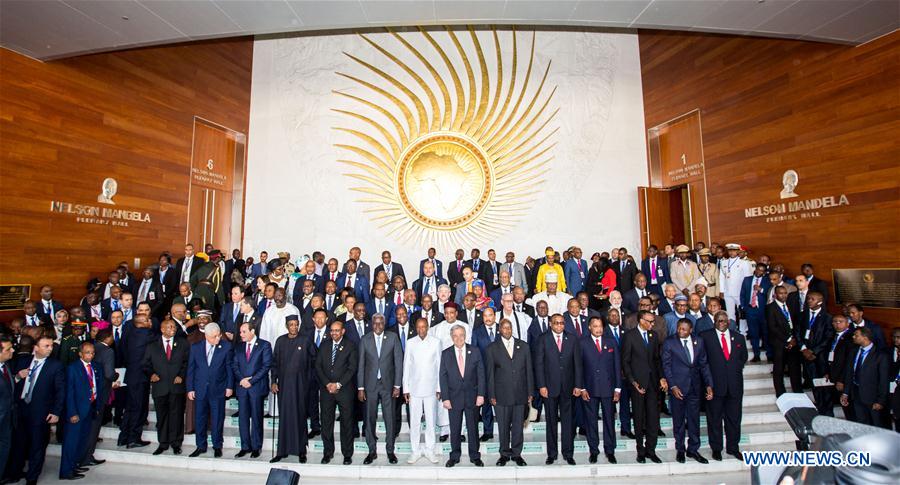 Participants attending the 30th heads of state and government summit of the African Union (AU) pose for photo at the AU headquarters in Addis Ababa, Ethiopia, Jan 28, 2018. [Photo/Xinhua]