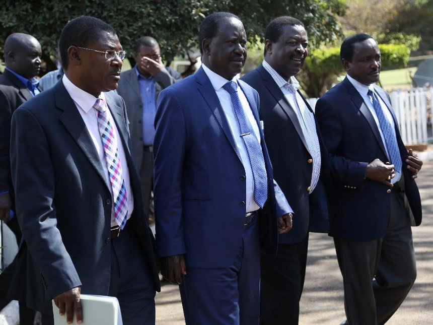 NASA principals Bungoma Senator Moses Wetang'ula (Ford Kenya), Raila Odinga (ODM), Musalia Mudavadi (ANC) and Kalonzo Musyoka (Wiper) at Bomas of Kenya in Nairobi, October 3, 2017. /HEZRON NJOROGE