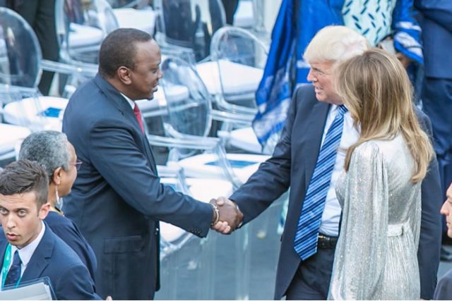 President Uhuru Kenyatta shakes US President Donald Trump's hand before a performance by the La Scala Philharmonic Orchestra in the ancient Greek theatre as part of the G7 Summit in Taormina, Sicily, Italy, May 26, 2017. PHOTO: TWITTER