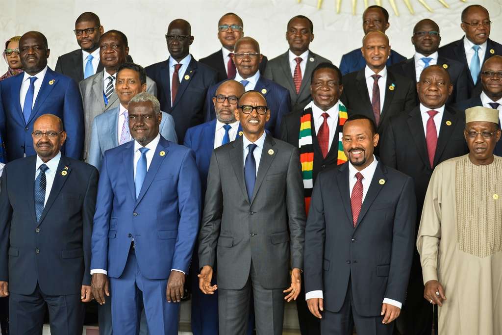 Africa Union Commission Chairperson, Moussa Faki Mahamat (2ndL front row) poses for a family photo with Africa's Presidents (fromL) Sudan's Omar al-Bashir, Rwanda's Paul Kagame, Ethiopia's Prime Minister Abiy Ahamed and Chad's Idris Deby, on the sidelines of an AU summit in Addis Ababa, Ethiopia. (AFP)