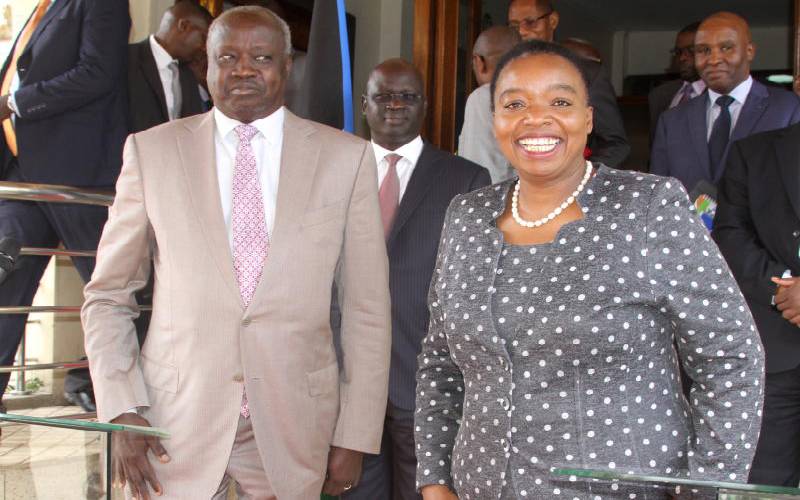 Foreign Affairs CS Monica Juma (right) with her South Sudanese counterpart Nhial Deng Nhial after addressing journalists in Nairobi, yesterday. [Standard]